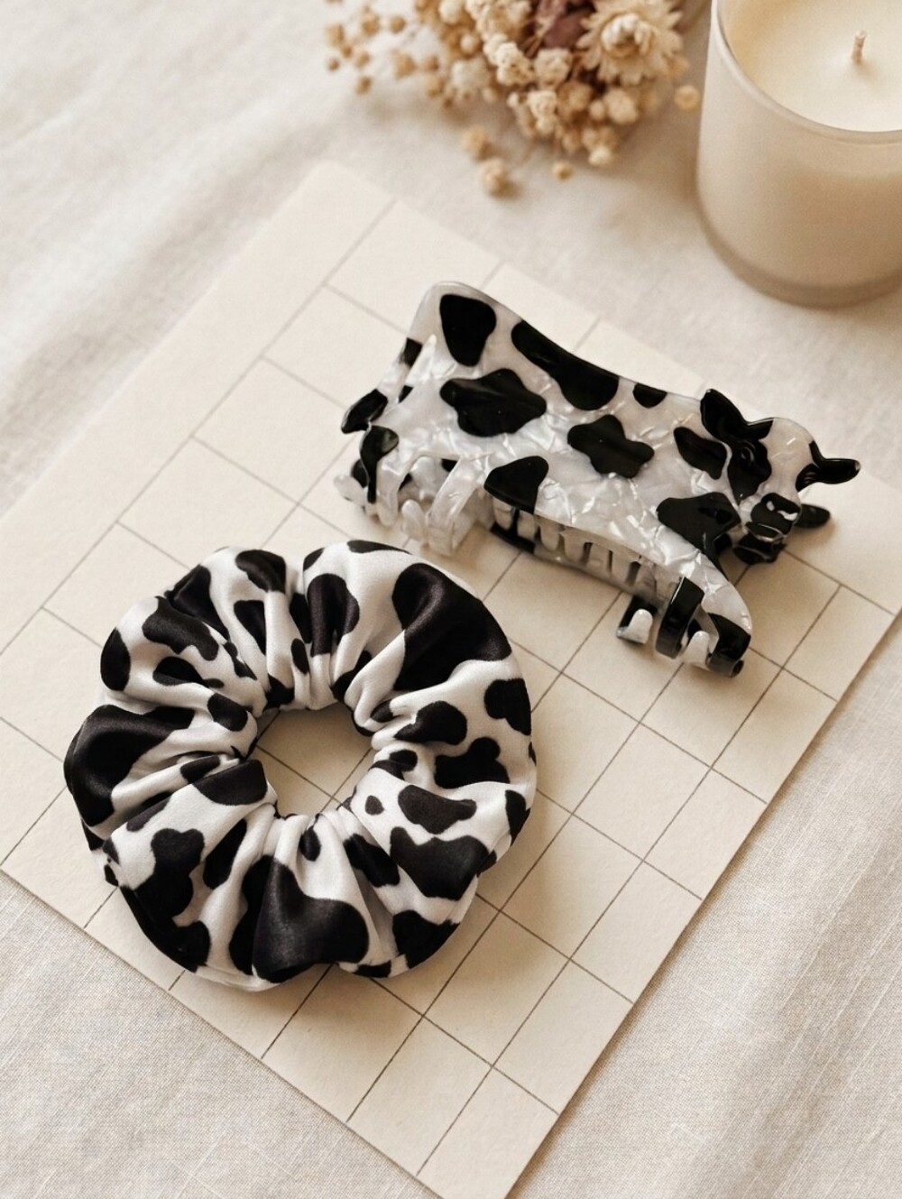 New In Package Black & White Cow Print Hair Scrunchie and Claw Clip Set